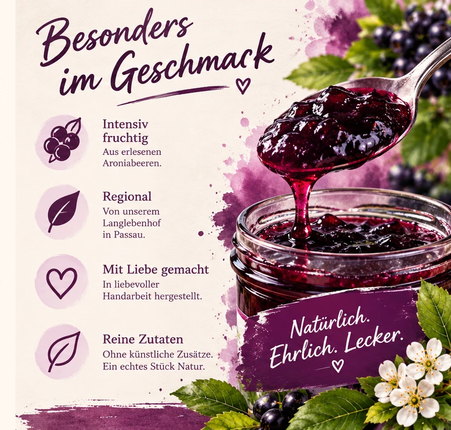 Fruchtiges Aronia Gelee auf einem Löffel mit Informationen zu Geschmack und Herkunft